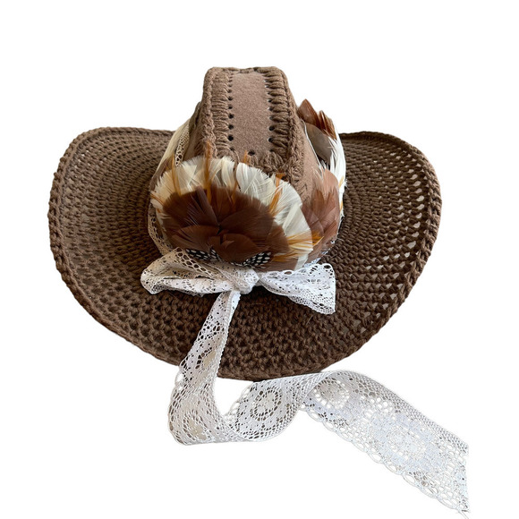 Vintage Handmade Crochet Feathers And Lace Hat Brown Women\'s OS main image 6